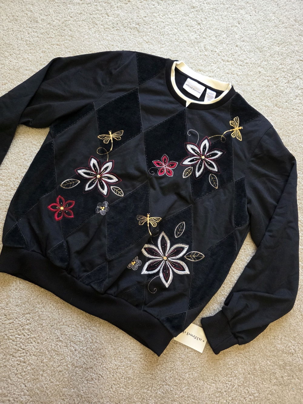 Alfred Dunner Black Crewneck Sweater with Embroidered Floral & Dragonfly Accents